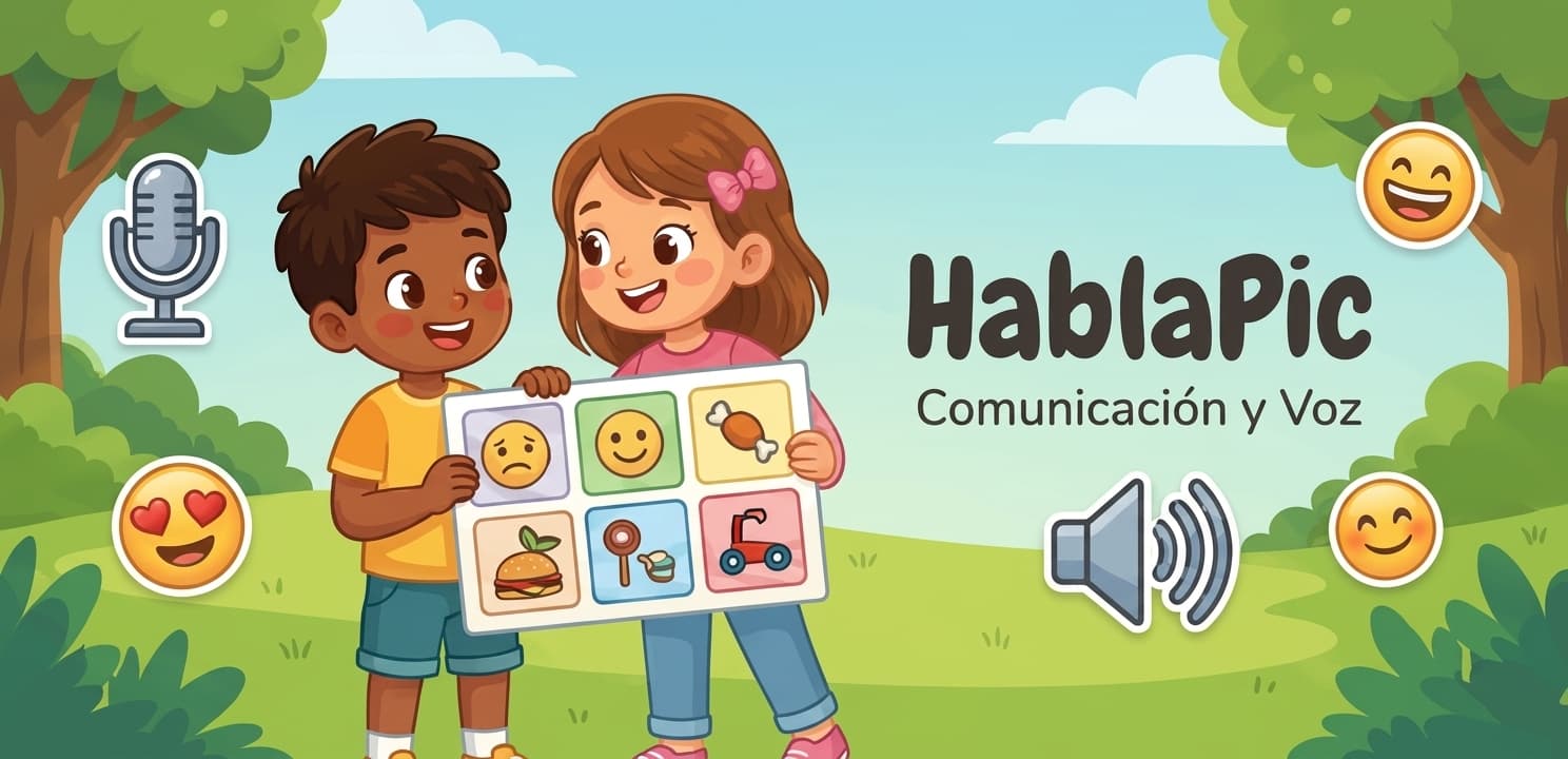HablaPic: dos niños sostienen un tablero de pictogramas